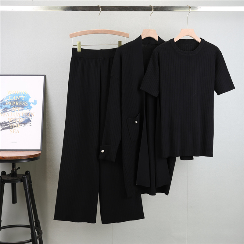 Damenbekleidung Modischer, temperamentvoller dreiteiliger Strickanzug, kurzärmliges Oberteil mit Rundhalsausschnitt für Damen + mittellange Strickjacke + Hose mit weitem Bein_voghion.com