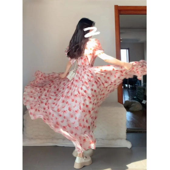Summer Niche French Pink Floral Off-Shoulder dress Atmosphere Holiday Break Long Dress Princess Dress
