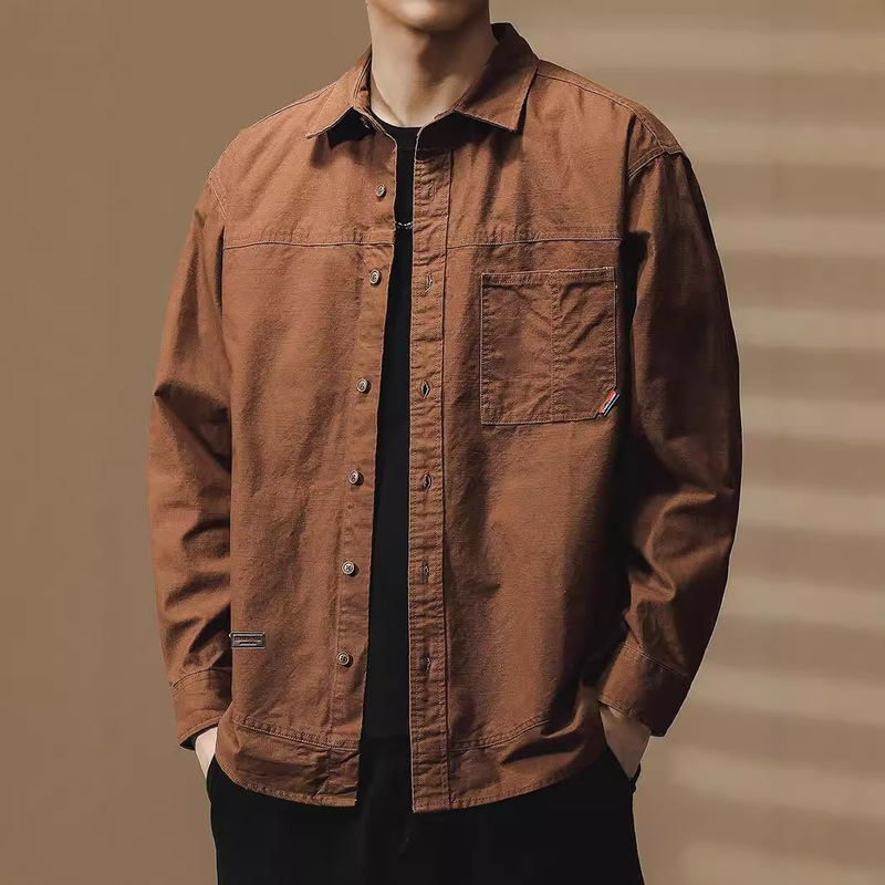 High-end Heavy Sand Wash Bead Canvas Tooling Shirt Men's Autumn New Casual Texted Loose Long-sleeved Shirt Jacket