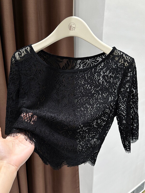 Black Lace Base Shirt, New Style, Mid-Sleeve, Short Style for Petite Women, Camisole Dress with Overlay Blouse, Boat Neck Top