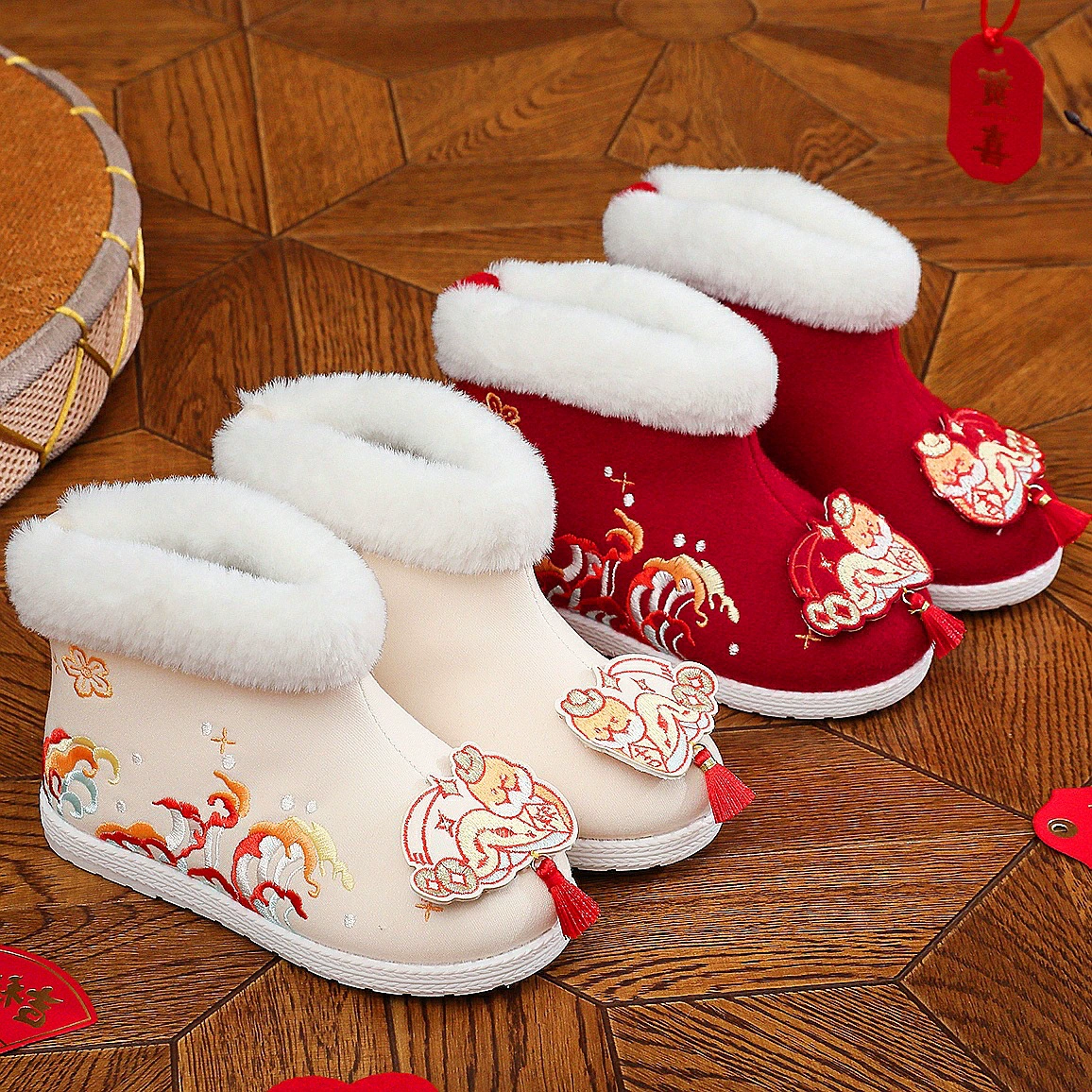 Hanfu обувь для девочек зимняя новая бархатная вышивка обувь для детей старая пекинская ткань обувь красная теплая новогодняя хлопчатобумажная обувь