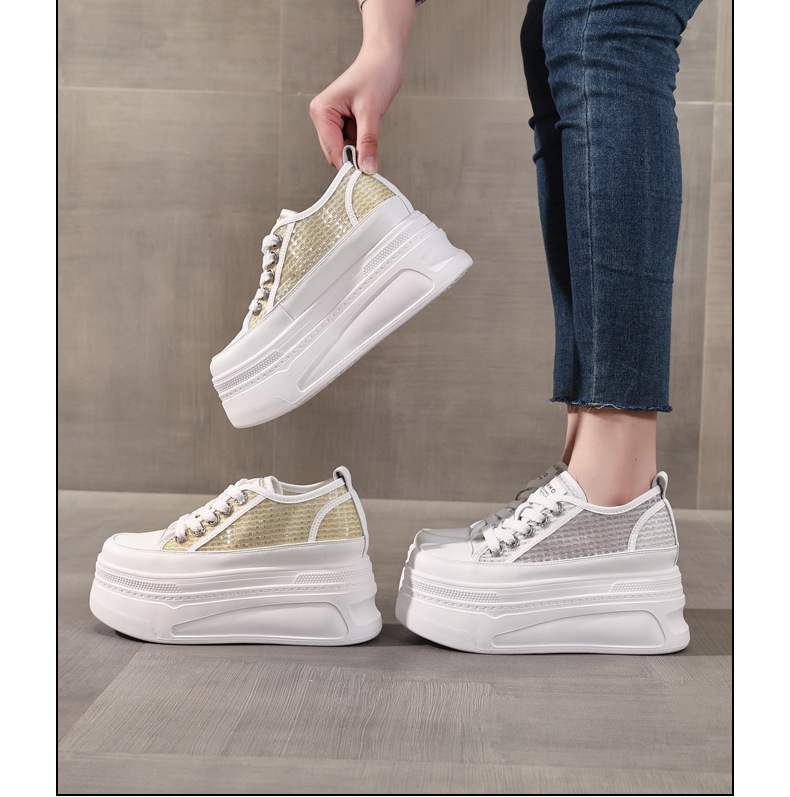 Giày sneaker nữ đế dày tăng chiều cao mùa hè thoáng khí kiểu bánh mì — màu trắng chi tiết 17