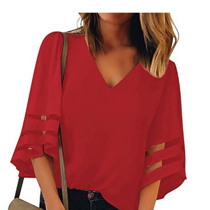 Hot-Selling 2025 Ebay Amazon European and American Plus-Size Mesh Patchwork Women's V-Neck Mesh Bell-Sleeve Loose Top