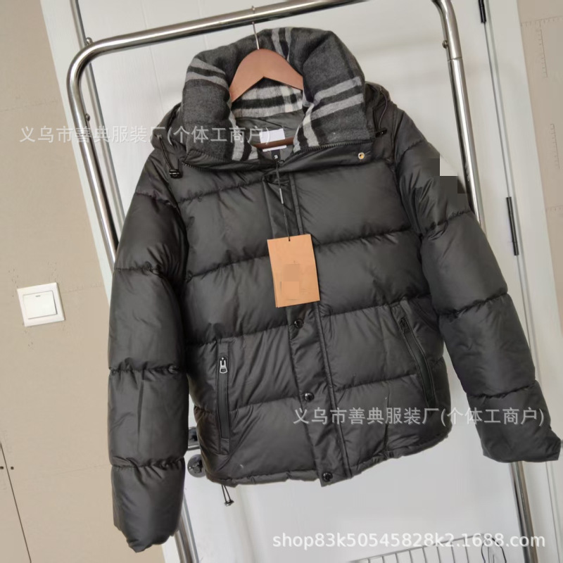 跨境同款大牌羽绒服经典格纹男冬季高级感仿羊绒护颈保暖连帽女装|undefined
