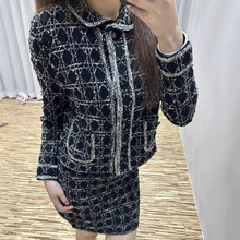 25D家高品质女士休闲单排扣格纹粗花呢针织衫外套不规则短裙