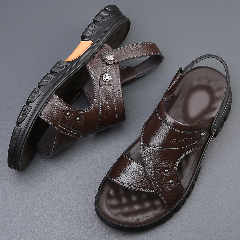 2024 여름 탑 레이어 소 가죽 남성용 샌들 비 냄새 나는 발 가죽 샌들 남성 캐주얼 베트남 비치 샌들