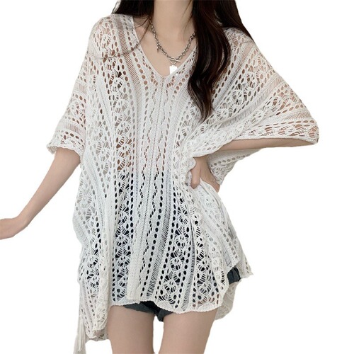 Niche unique and unique hollow style thin pullover sweater summer loose bottoming shirt top women's blouse