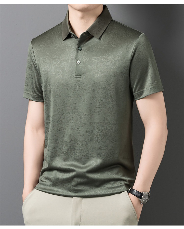 Áo polo nam tay ngắn lụa tơ tằm cao cấp cổ bẻ jacquard họa tiết nổi — Xanh lá cây 9607 chi tiết 15