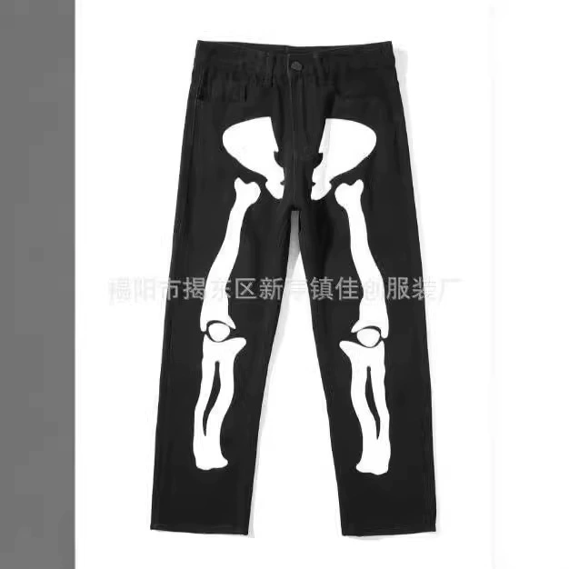 Guochao vibe High Street хип-хоп свободные американские уличные джинсы с принтом кости черепа прямые широкие джинсы