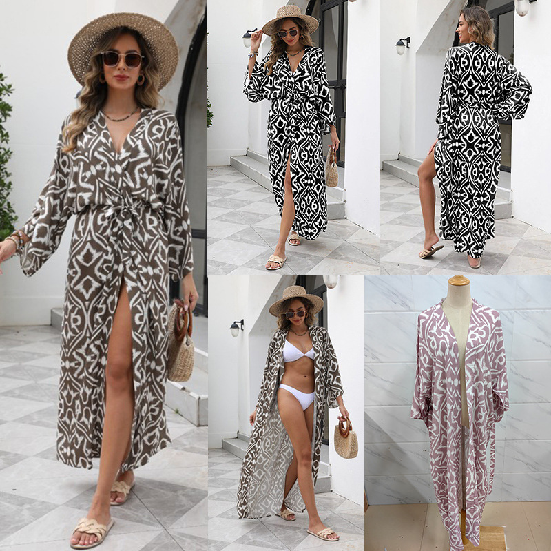 2025 New European and American Style Beach Sun Protection Cardigan for Women, Holiday Printed Long Bikini Cover-Up Swimwear Cover-Up Cross-Border