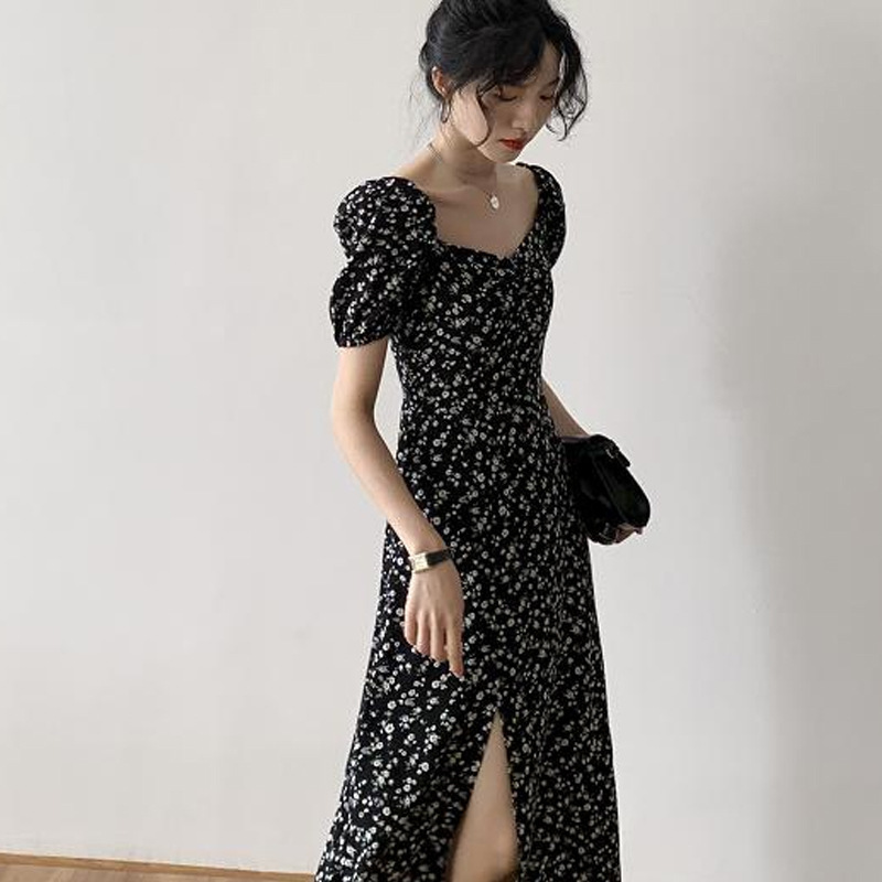 Summer New French Square Neck Floral Dress Women's Black Design Tea Break Skirt Long Skirt