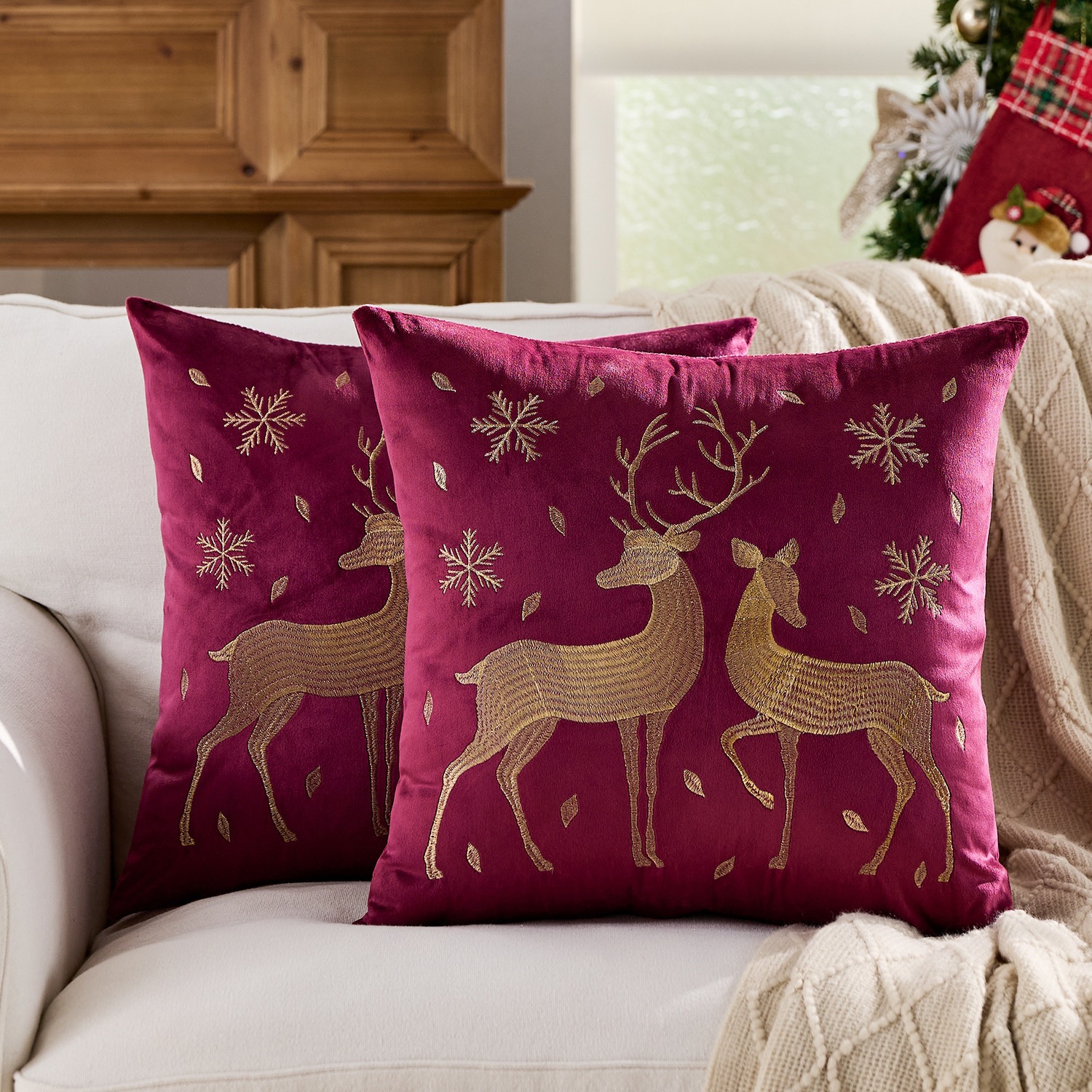 Ventas transfronterizas en caliente de alce árbol de Navidad estampado almohada cubierta de nieve de otoño y invierno bordado estilo de decoración de vacaciones atmósfera cojín cubierta