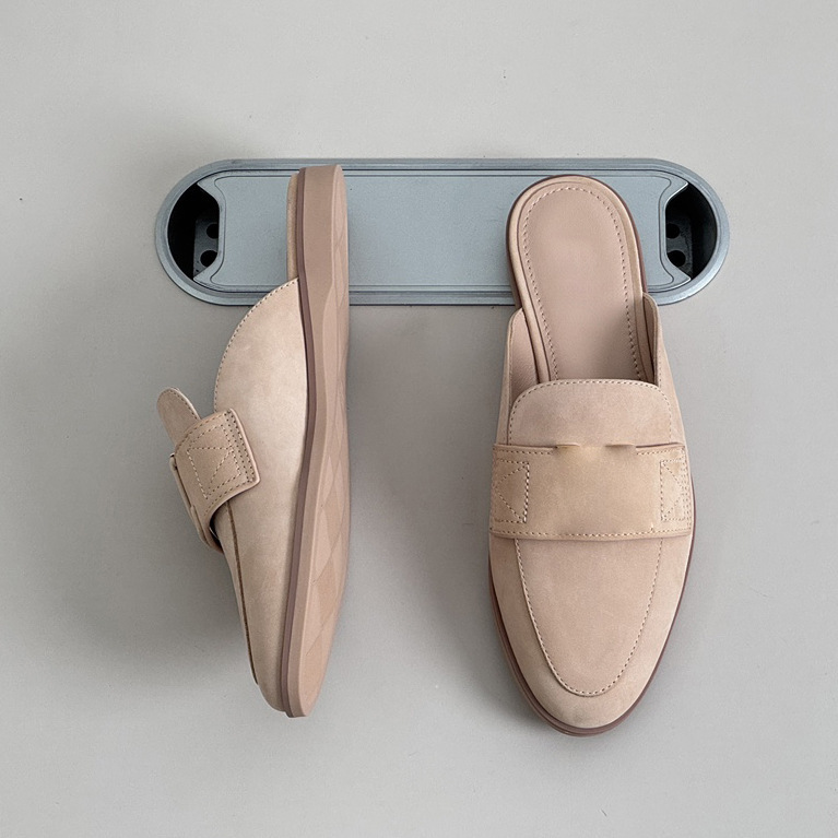 2026 Early Spring New Style Nude Pink Suede Round-Toe Flat-Soled Gentle and Elegant Slip-On Mule Half Slippers for Women