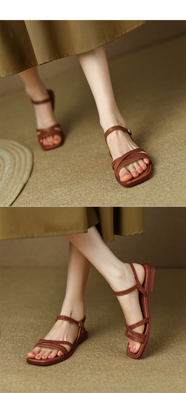 Dép sandal nữ đế bệt mũi vuông hở ngón da bò một quai khóa ngang — Màu nâu chi tiết 7