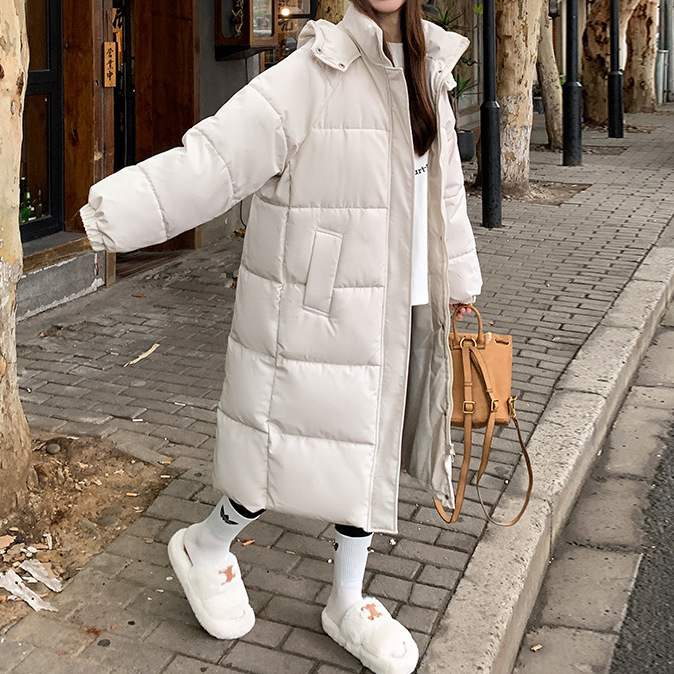 2025 새로운 겨울면 패딩 재킷 여성의 긴 무릎 길이 패딩 면화 패딩 된 느슨한 빵 의류 후드
