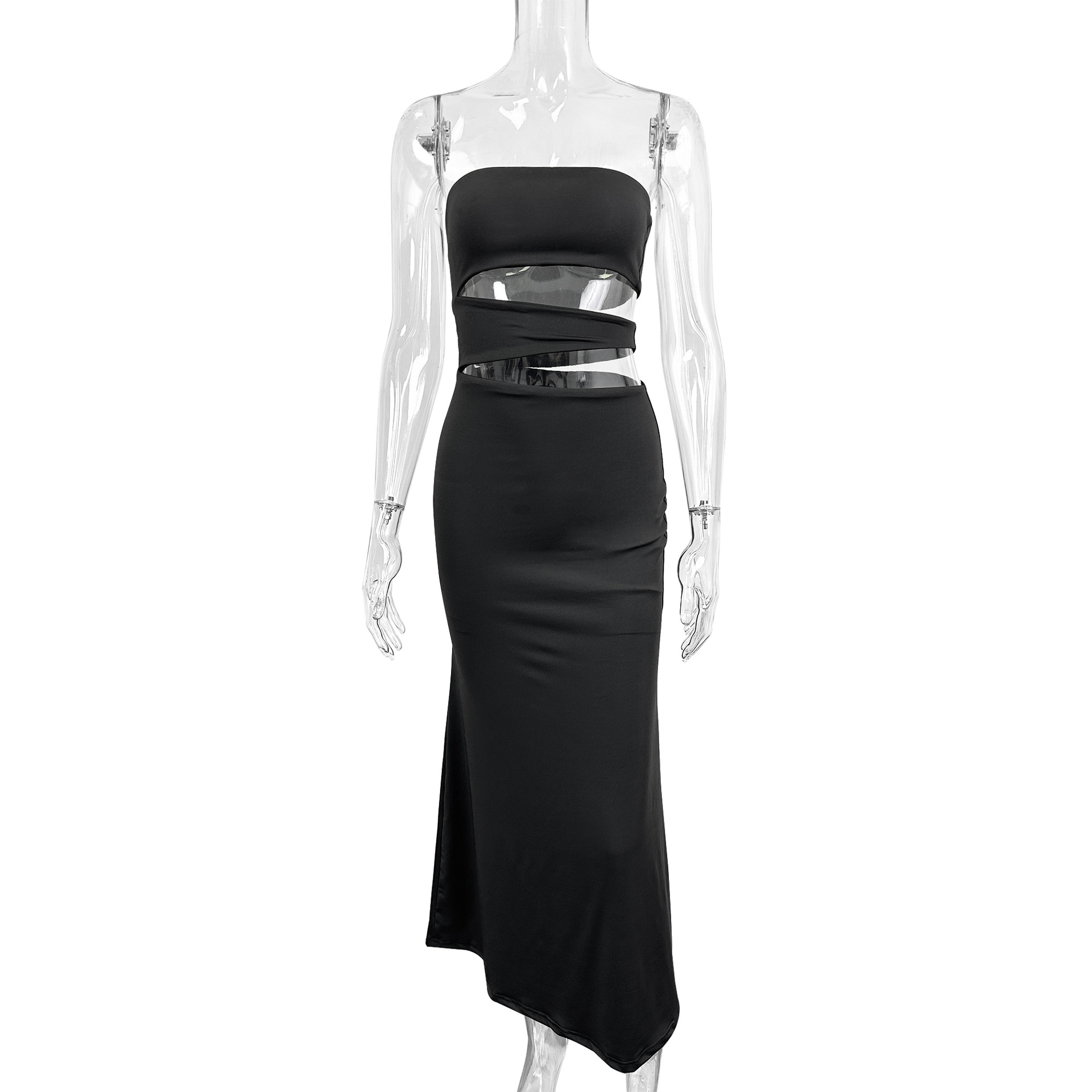 Women Hollow Out Cutout out Cropped Maxi Dress Summer Sexy Tube Top Simple Sheath Dress
