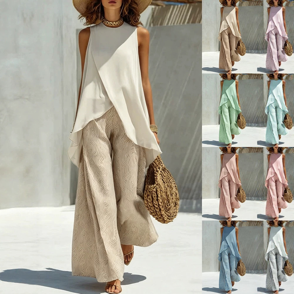 Women's Casual Round Neck Pullover Sleeveless Multi Color Set With Pants New_ecoleips.com