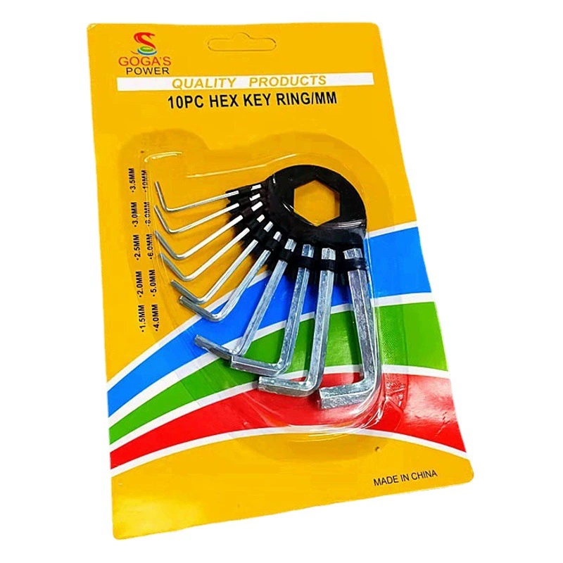 Набор из 10 больших шестигранных ключей в картонной упаковке, набор из десяти серебристых шестигранных ключей, набор черных шестигранных ключей