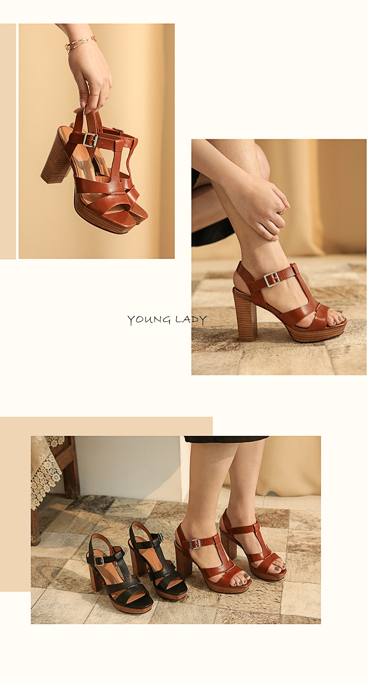 Sandal cao gót hở mũi retro 10 cm quai chữ T gót vuông da bò — Màu nâu chi tiết 10