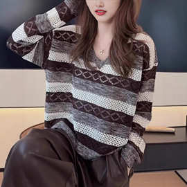 简约百搭撞色条纹毛针织衫上衣女时尚宽松休闲洋气2025年秋冬新款