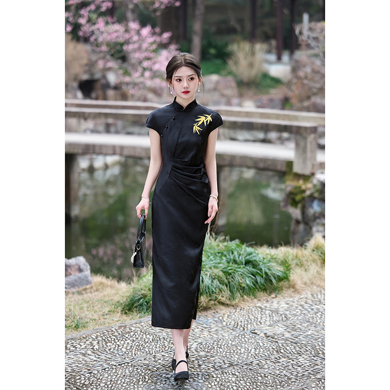 Summer black long retro fitted elegant elite cheongsam sleevless