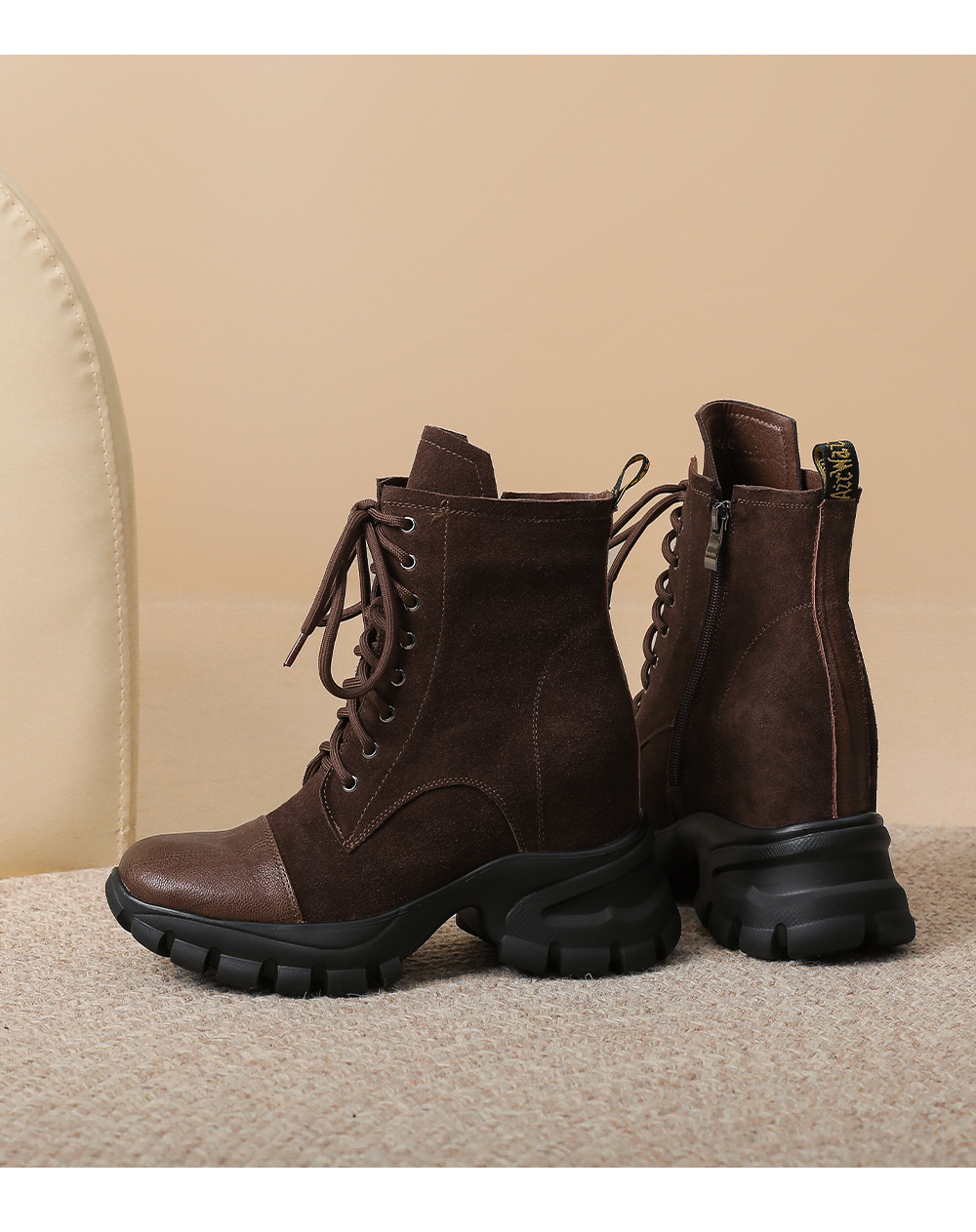 Boot cổ ngắn nữ buộc dây phong cách retro, gót 10 cm — Lớp lót nhung đen chi tiết 12