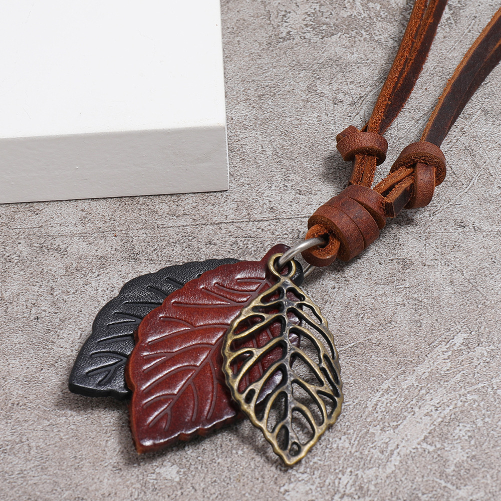 fashion retro leaf pendant leather necklace