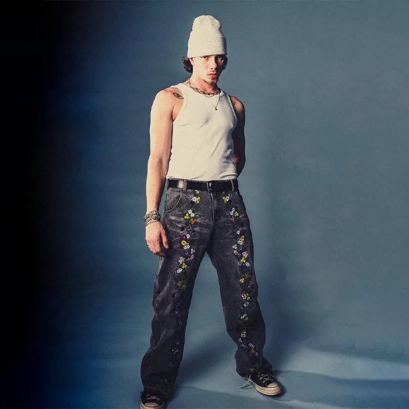 Europa y Estados Unidos transfronterizos retro estilo americano Harajuku moda personalidad bordada callejera de tendencia jeans casuales pantalones rectos