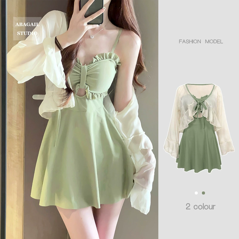 Купальник женский 2025 новый летний цельный тонкий консервативный юбка авокадо зеленый высокий сексуальный горячий купальник