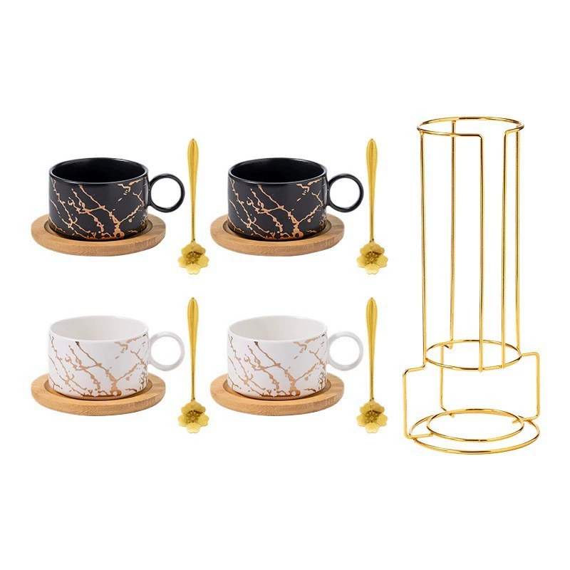 Ceramic coffee white set, marble design tea cup, golden spoon, 180 ml