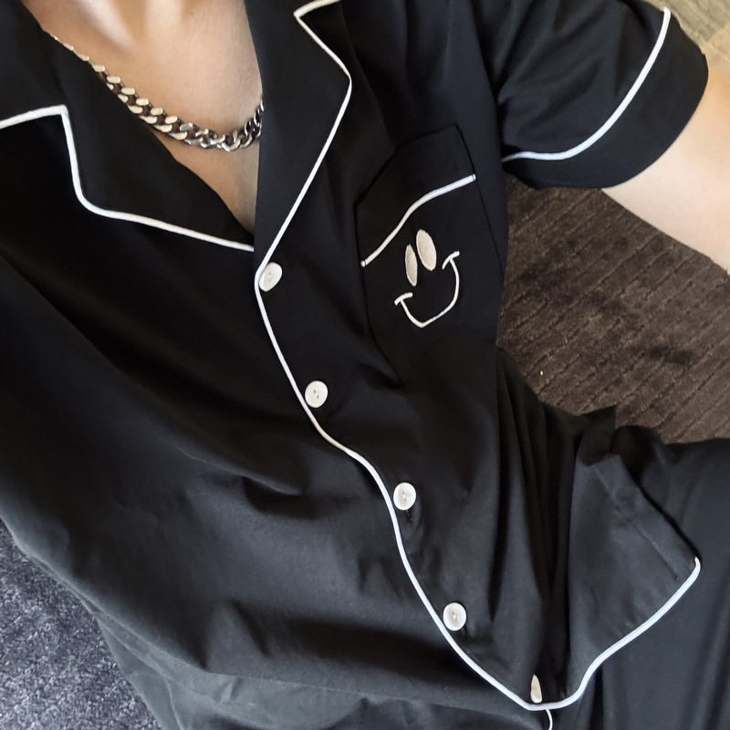 Autumn Lapel Cool Simple Style Smiley Face Cardigan Short-Sleeved Long Pants Pajama Set Jj-96088