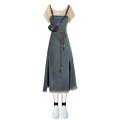 レトロデニムドレス女性の春と夏のドーパミン小柄な香港スタイルサスペンダースカートニッチウェイストランドスタイル痩身スカート