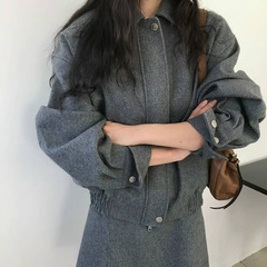 2025秋冬新韩国东大门复古休闲翻领羊毛夹克外套a字短半裙套装女