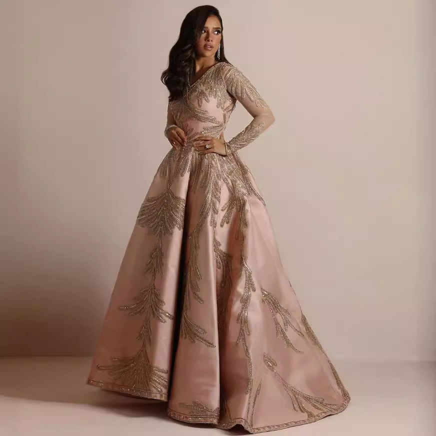 Vestido Largo con Estampado Dorado, Estilo Europeo y Americano, Primavera 2025, para Mujer, Comercio Exterior, Plataforma Independiente, Vestido de Noche Sexy para Banquetes, Color Rosa