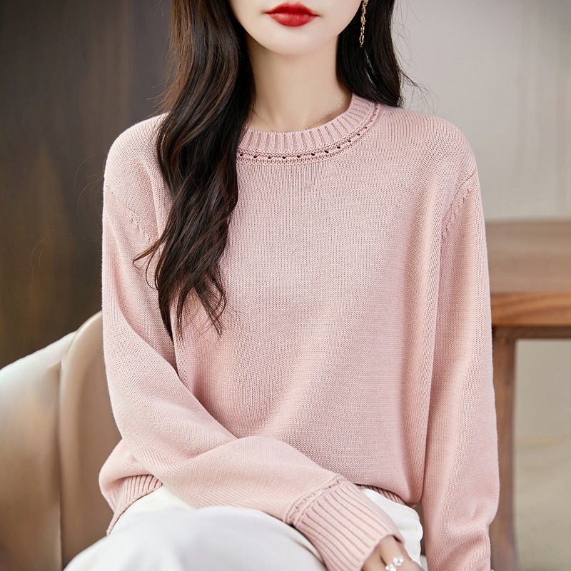 重磅纯棉加厚针织打底衫女法式圆领毛衣2025新款宽松休闲保暖上衣
