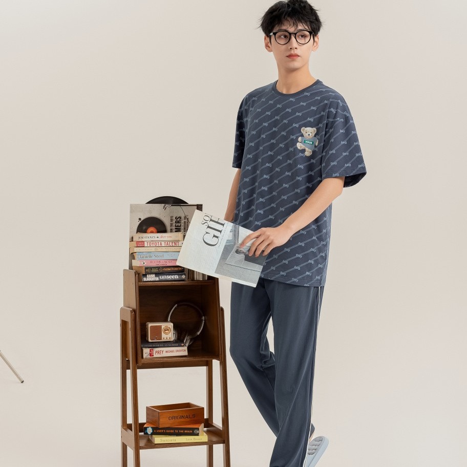 Meiya grass Summer 2024 new men's pajamas short sleeve cotton suit men's youth thin short 14208