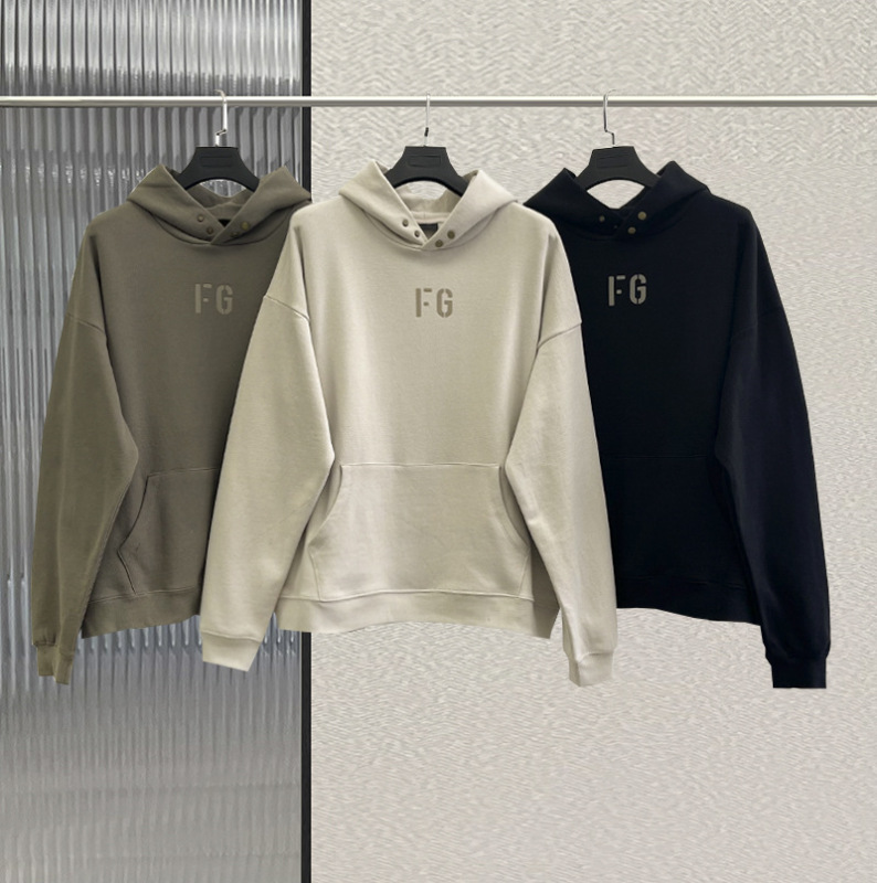 Fog Classic Buckle Sweatshirt Main Line with Velvet Lettering Fg Velvet High Street Youthful Fleece Pullover Hoodie Men's Trendy