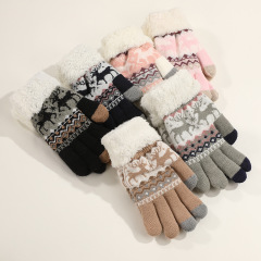 女性用ニットジャカード手袋、かわいい鹿ミトン、冬用ベルベット、暖かく厚みのある5本指タッチスクリーン手袋