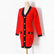 S4165秋新款撞色边V领欧根纱透视条纹长袖修身针织裙连衣裙女式