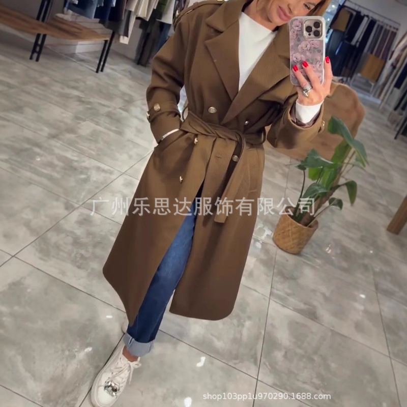 欧美风跨境外贸女装25秋冬气质时尚长袖翻领双排扣配腰带风衣外套|undefined