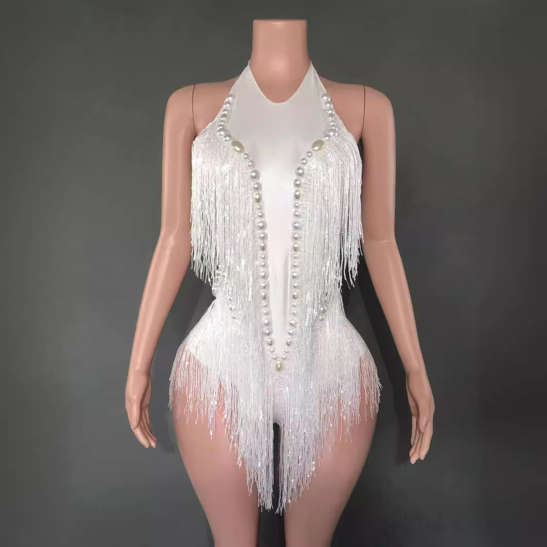 STOCK New European and American Dance Sexy Shiny Rhinestone Elastic Sequins Fringe One Piece Stage Performance Wear for Women 
