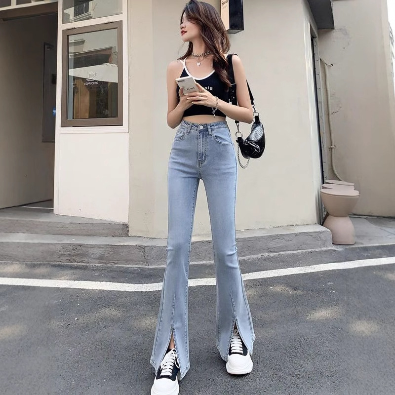 浅色开叉微喇牛仔裤女春季新款高腰弹力显瘦分叉垂感拖地喇叭裤子