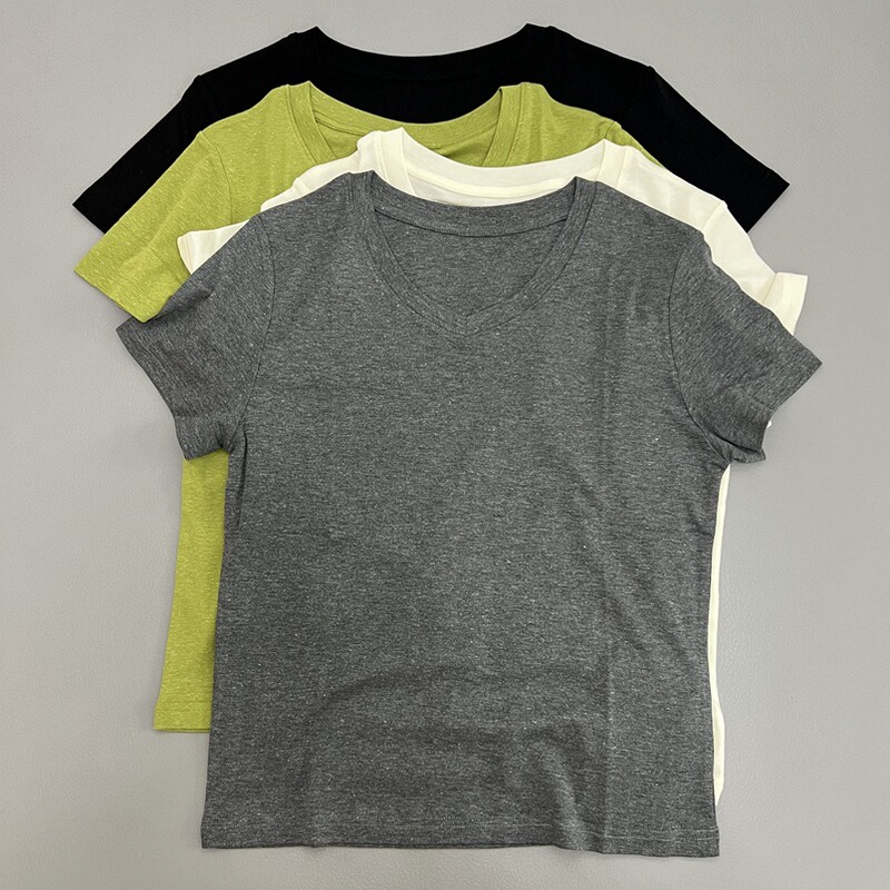 Lyocell Linen V-Neck Short-Sleeved Casual Style Breathable Everyday Wear T-Shirt for Women Summer Loose Slimming Versatile Top