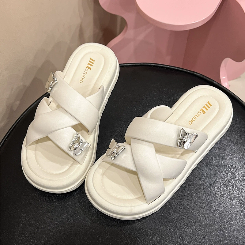Новинка 2024, модные женские тапочки с двумя пряжками-бабочками, верхняя одежда с полым крестом, пляжная обувь, оптовая продажа, дропшиппинг