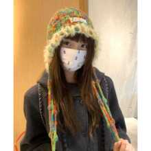 手工针织混彩流苏毛线帽子女款多巴胺冬季大头围护耳套头帽毛绒帽