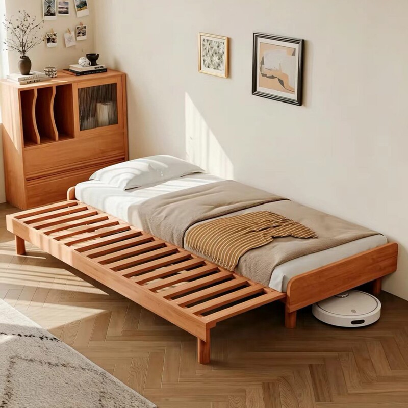 Solid Wood Bed Frame with Pull-Out Folding Bed, Natural Wood Single Bed Convertible to Double Bed, Dual-Purpose Sofa Bed for Small Apartments