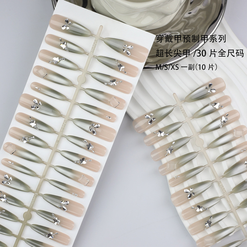 Morandi Green-Gray Silver Sequin Butterfly Cat-Eye Fine Glitter Wearable Nails Whitening Manicure Nails