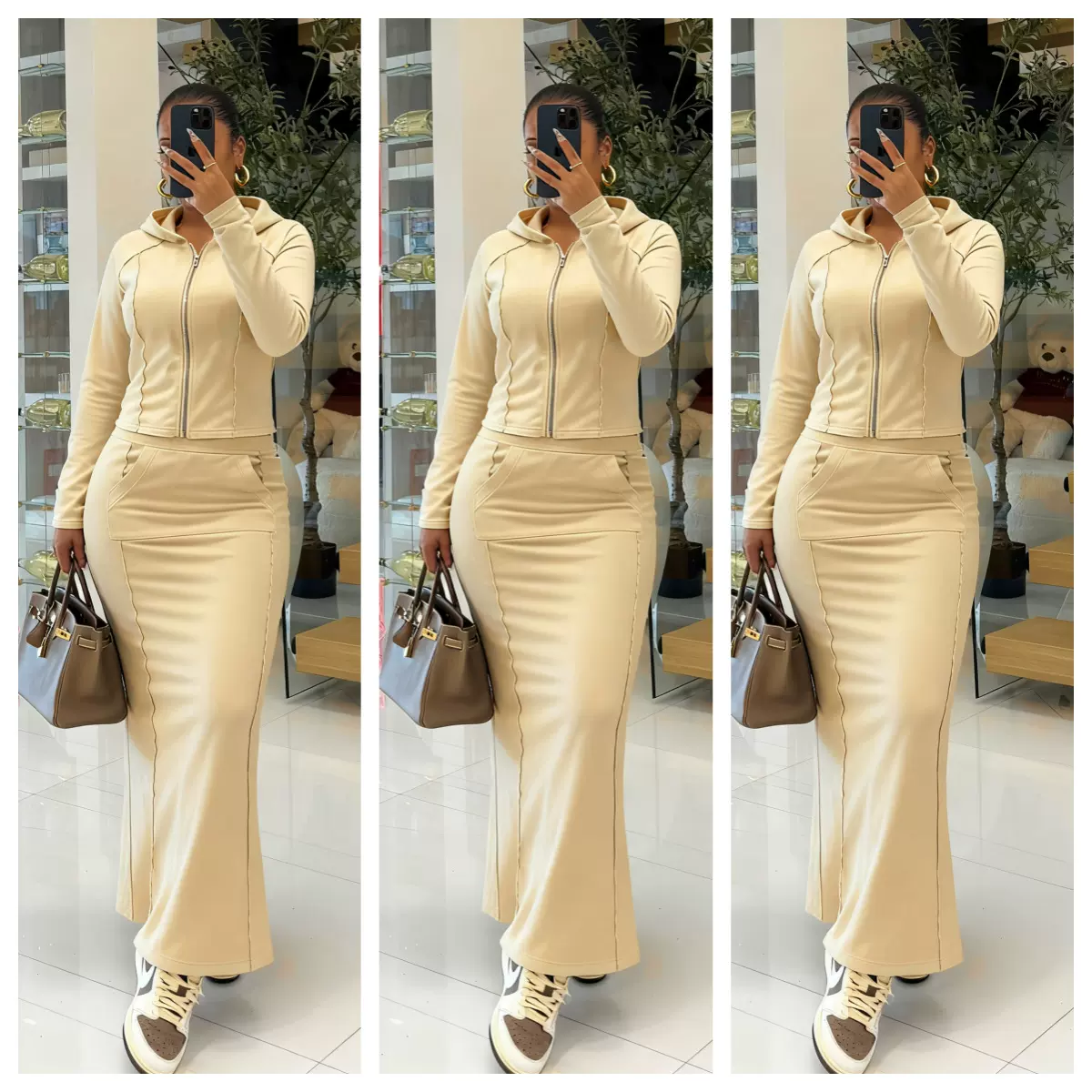 YD8834 -C10欧美女装亚马逊新款时尚纯色连帽开叉半裙两件套 跨境