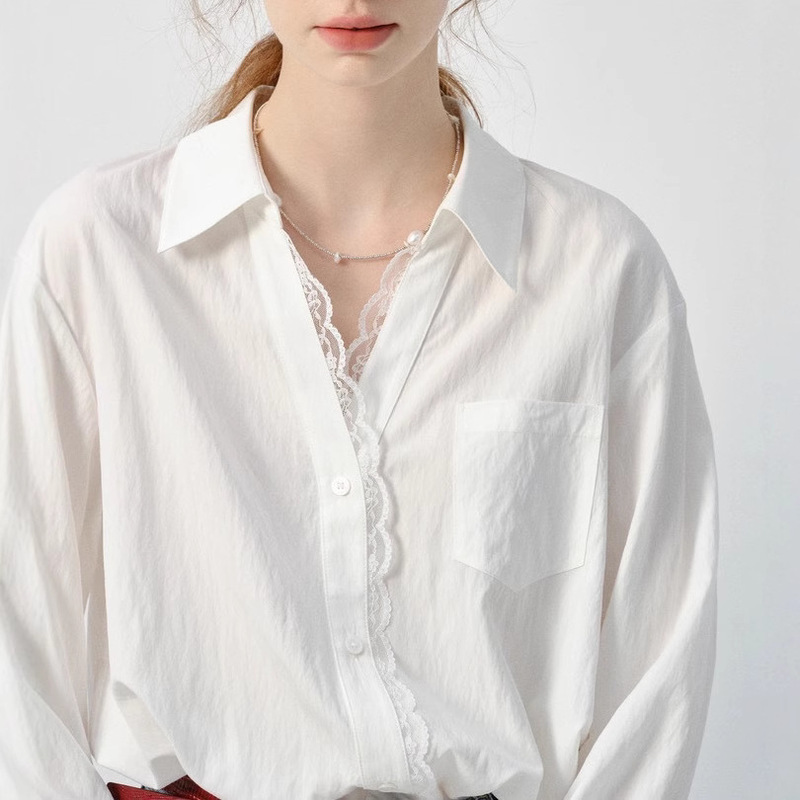 Vega White Shirt Women's Long-Sleeved 2026 Spring New Style European Style Lace Loose Top