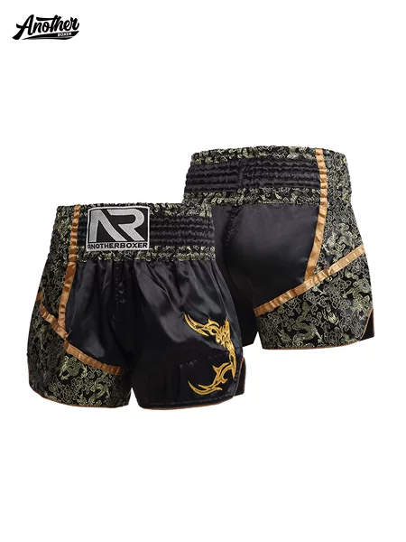 ANOTHERBOXER gold and black Muay Thai pants, adult and children sizes, leather embroidery, mixed martial arts shorts